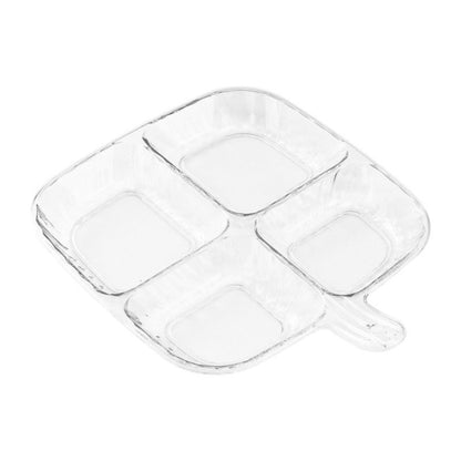 Transparent quad-compartment side dish tray with 4 sections and small serving handle