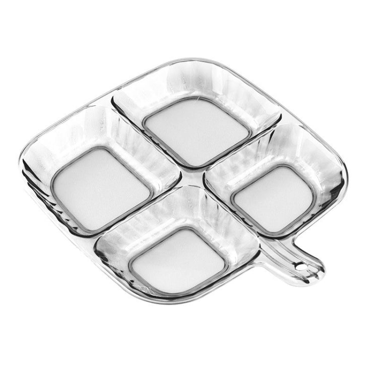 Clear quad-compartment food tray with handle and four square sections for serving