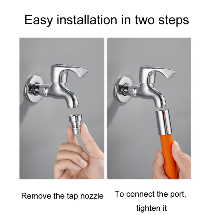 Chrome faucet extension tube with orange sleeve, shown during installation