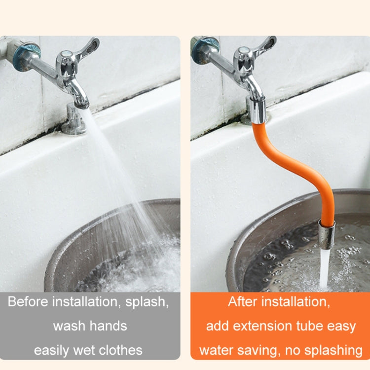 Orange faucet extension tube attached to sink tap with chrome connectors