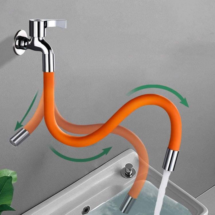 Orange faucet extension tube routed over sink, with chrome threaded connectors