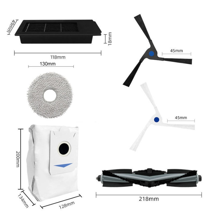 Assorted vacuum accessories set with roller brush, side brushes, mop, filter, and dust bag