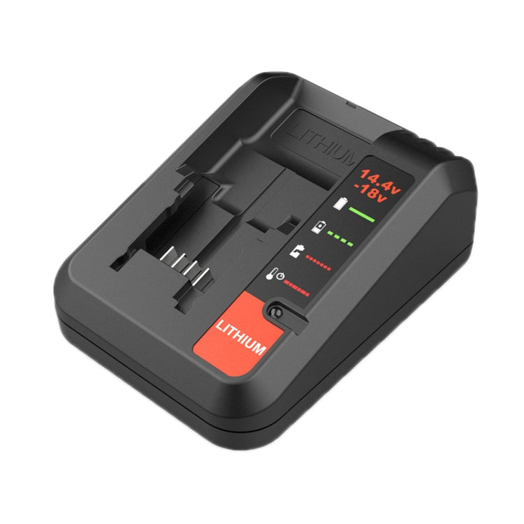 Black lithium battery charger dock with built-in contacts and status lights