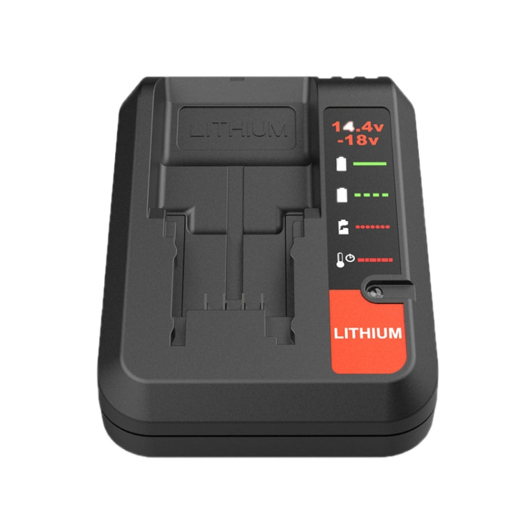 Black lithium battery charger with side label panel, readout markings, and vents