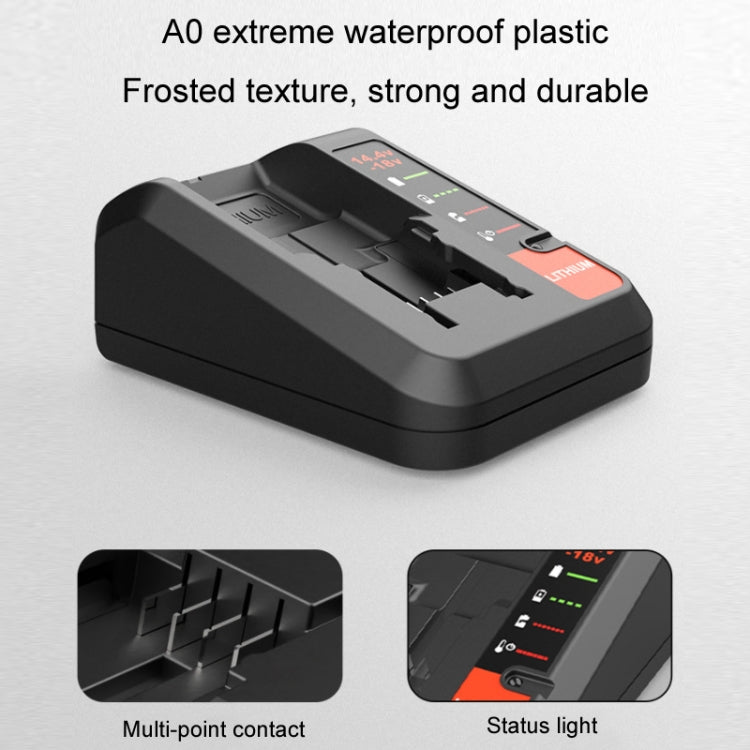 Black lithium battery charger with textured housing and multi-point contact contacts