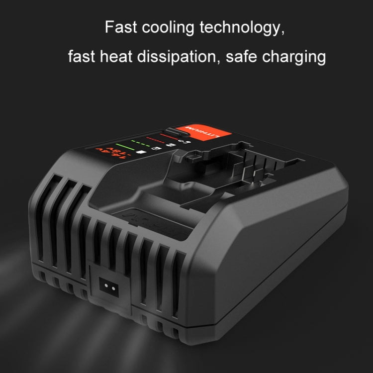 Black lithium battery charger close-up with cooling vents and indicator panel