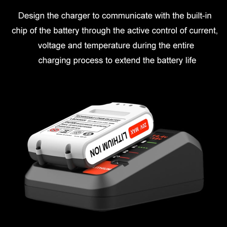Black lithium battery charger holding a white battery pack with status LEDs