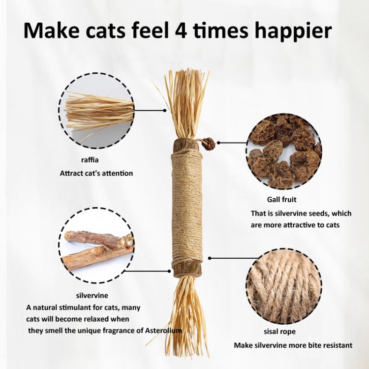 Silvervine cat toy stick with sisal rope body, raffia frayed ends, and brown seed ball