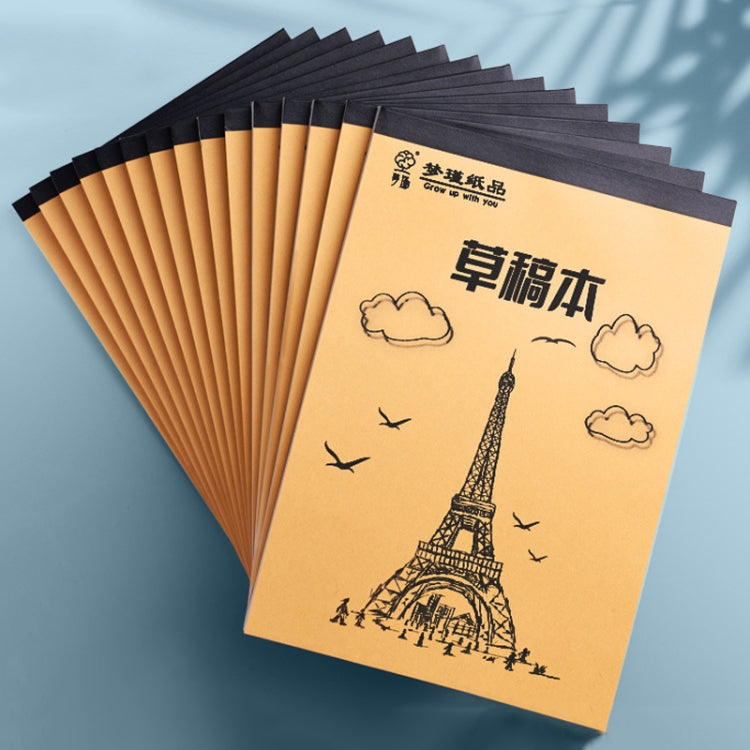 Stack of beige blank sketch notebooks with dark Eiffel Tower, clouds, and bird cover art