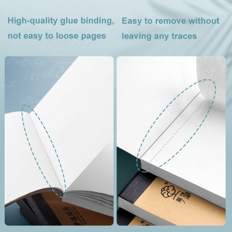 Open notebook showing thick glue binding along the inner spine and attached pages
