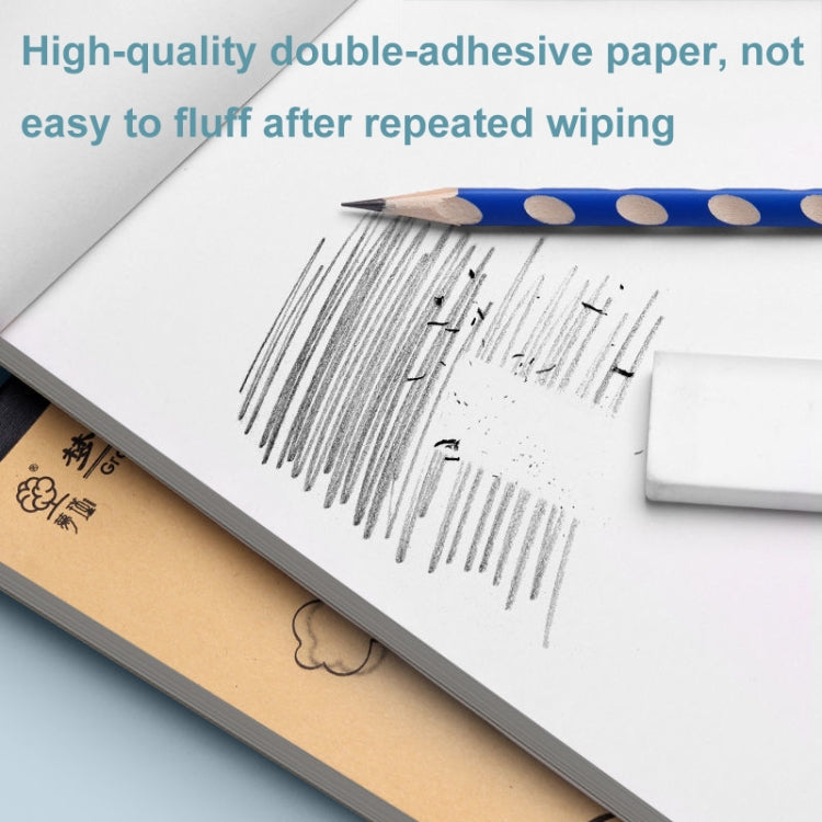 Notebook with an open blank page and pencil test marks; visible page edge and spine