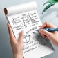 Open blank notebook with math diagrams on the page, hand writing with a blue pen