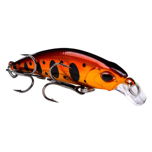Orange and black sinking minnow fishing lure with clear lip and two treble hooks