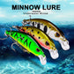 Pair of sinking minnow fishing lures, yellow and green with treble hooks