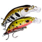 Close-up yellow and green sinking minnow lure with clear lip and treble hooks