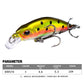 Green and red sinking minnow lure with clear lip, treble hook, and model details