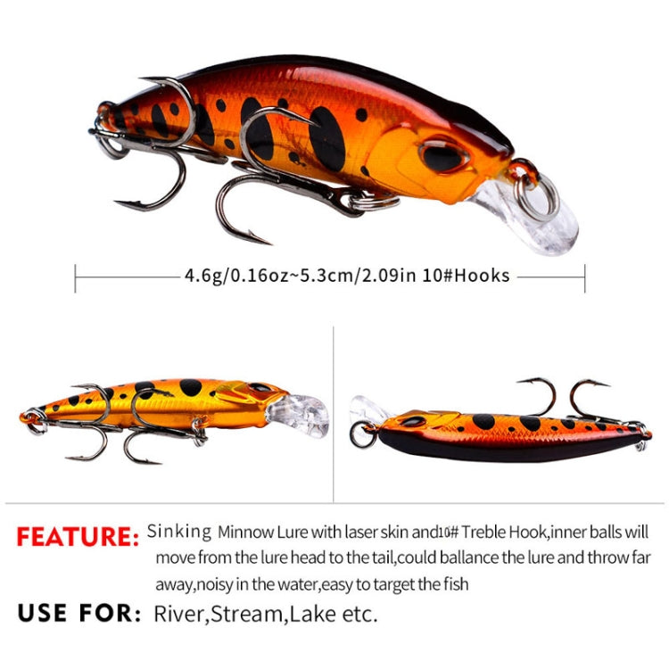 Orange and black sinking minnow lure with clear lip, two treble hooks, and size info