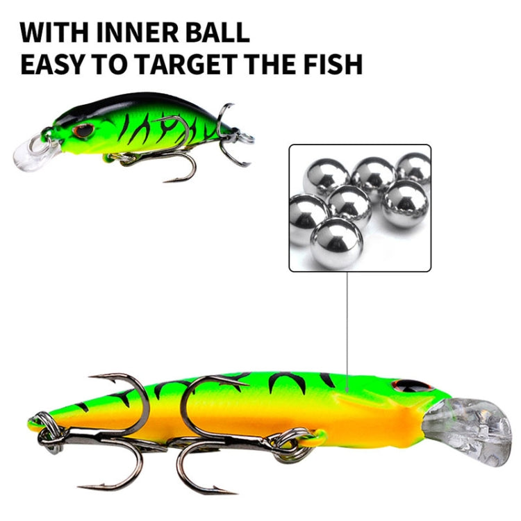 Green and orange sinking minnow lure with inner ball rattle, clear lip, and treble hooks