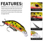Sinking minnow fishing lure in yellow-orange and black with treble hooks