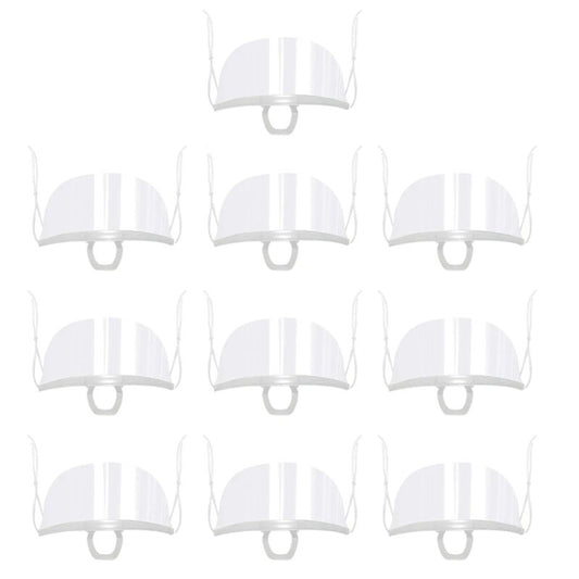 Set of white transparent chef face shield masks with chin strap, 10-pack
