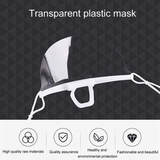 Transparent plastic restaurant face shield mask with white adjustable strap