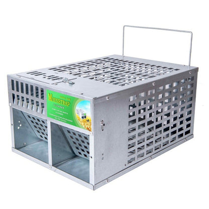 Large double-door metal mouse trap cage with top grid and carry handle