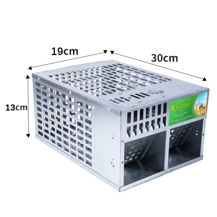 Metal double-door mouse trap cage with top grid and labeled size 19cm x 30cm x 13cm