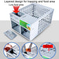 Metal mouse trap cage with layered top grid and lure/food area compartment