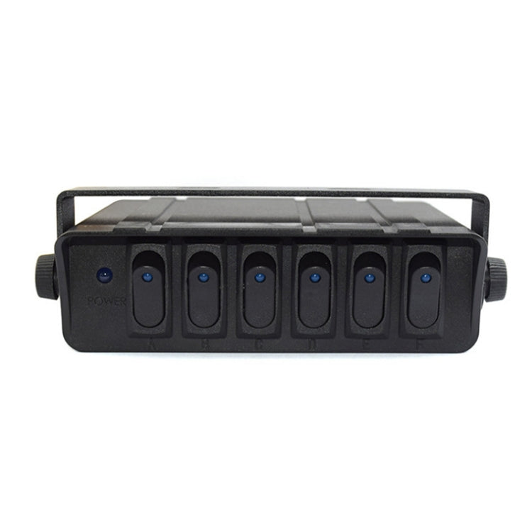 Black 6-switch control panel with blue backlit buttons and mounting brackets