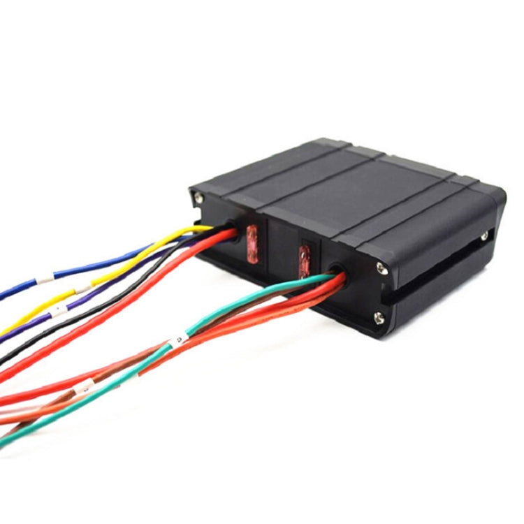 Black switch panel control box with multi-color wiring harness and terminals