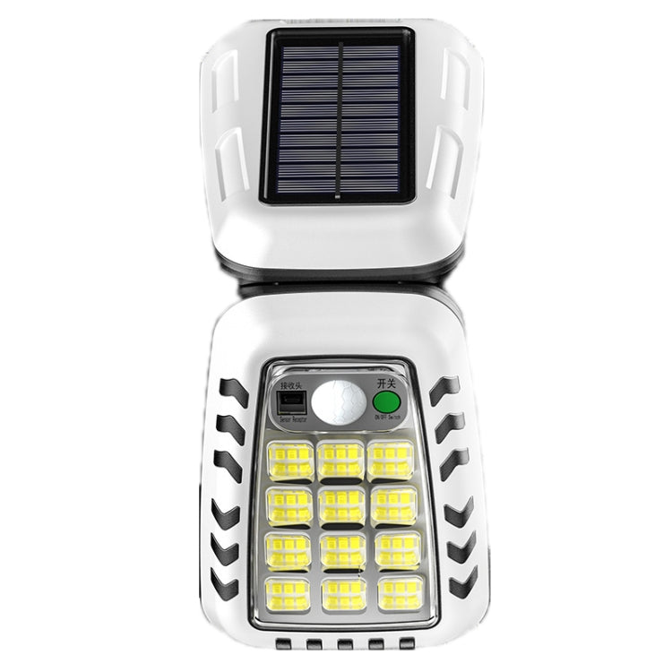 Solar wall street light with fold-out solar panel and illuminated LED panel, white fixture