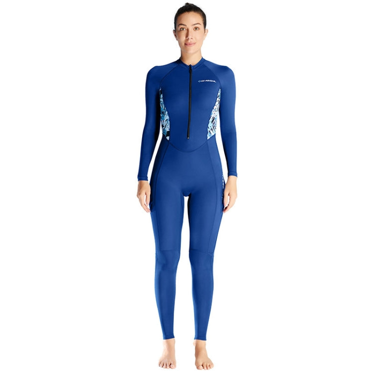 Women’s blue long-sleeve wetsuit, front zipper closure, patterned sleeve inserts