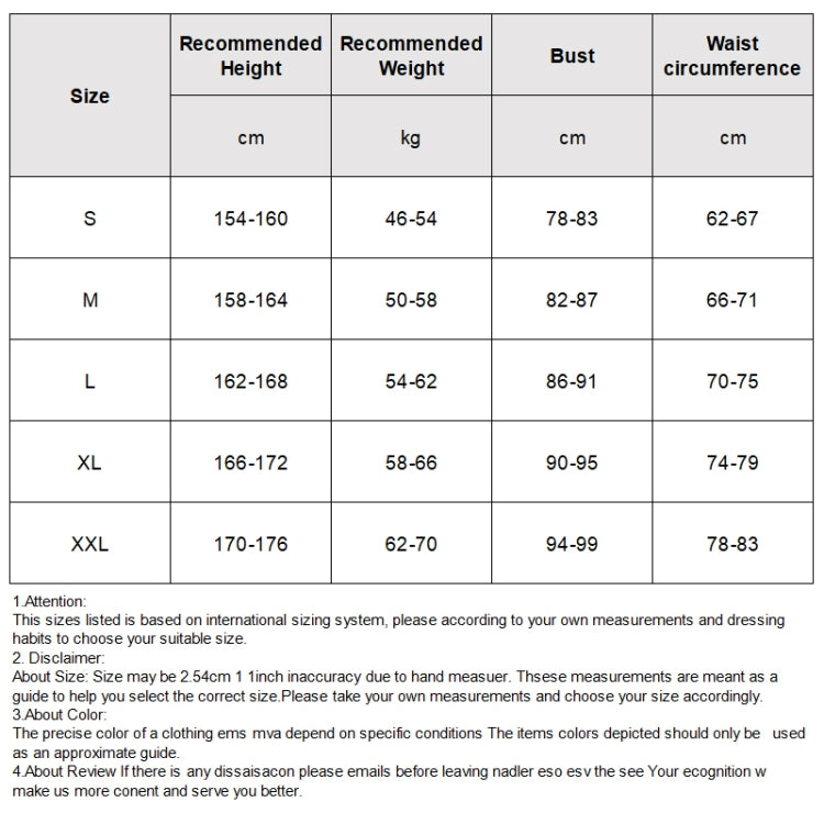 Womens wetsuit size chart with recommended height, weight, and bust