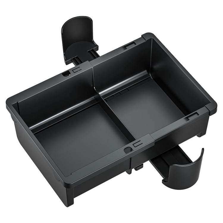 Car armrest storage box with open dual compartments and integrated tissue holder