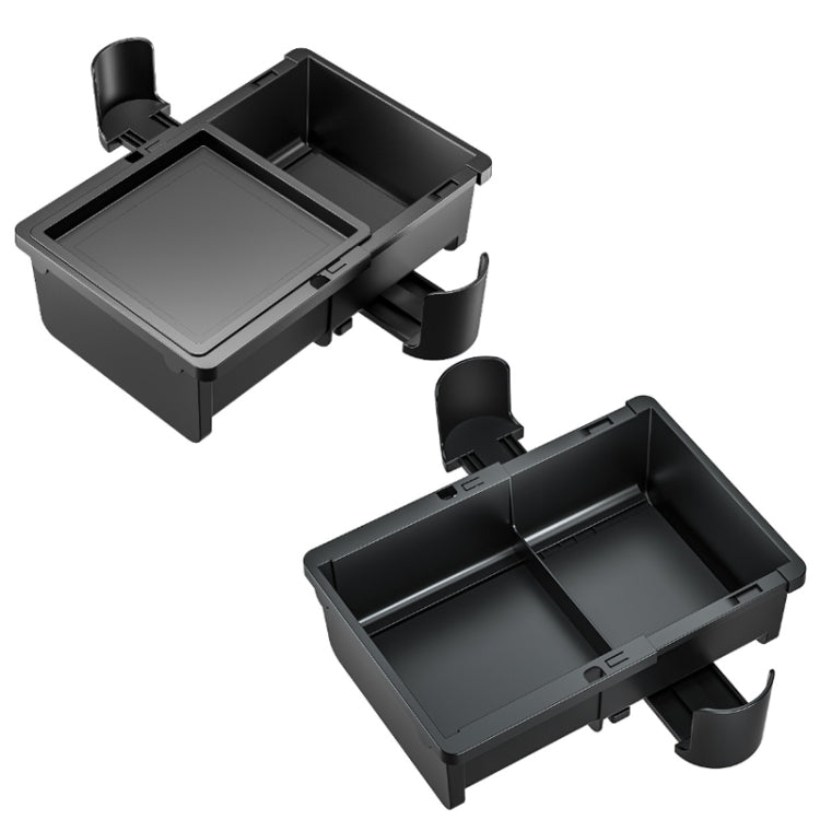 Car armrest storage box with open dual bins and side cup/tissue holders
