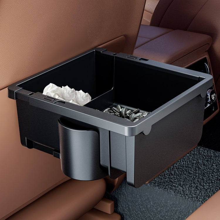 Car armrest storage box with tissue and utensils stored in open bins