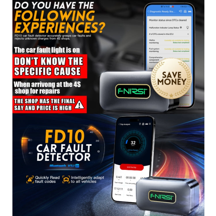 FNIRSI Bluetooth OBD2 code reader with two smartphone app screens for vehicle faults