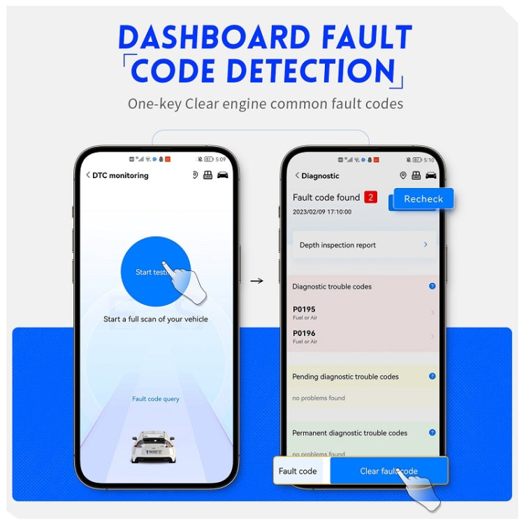 FNIRSI Bluetooth OBD2 code reader with phone screens showing dashboard fault detection