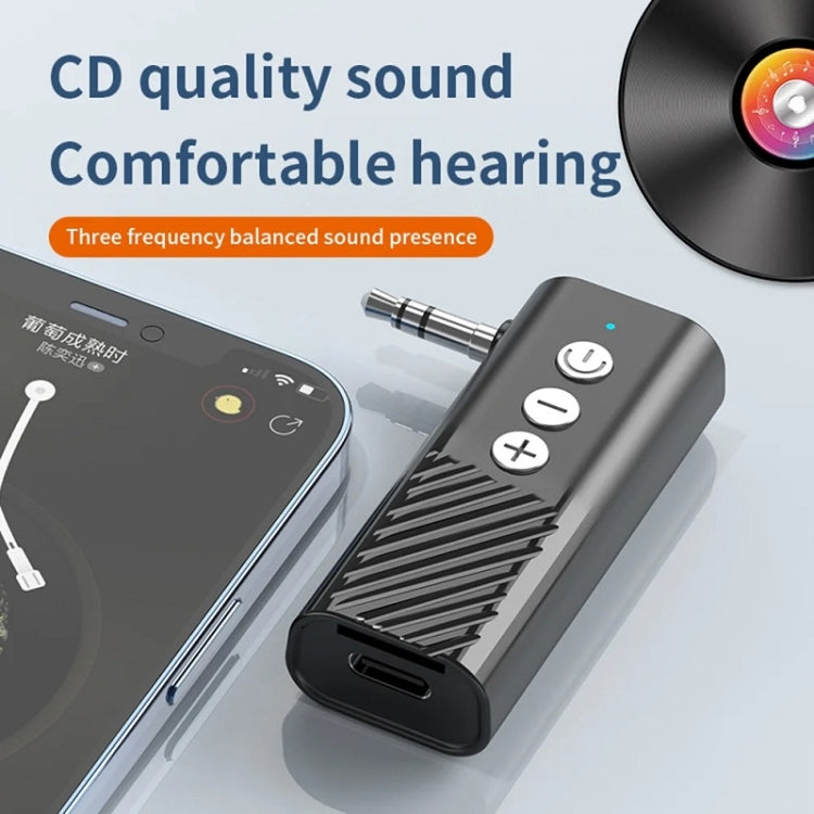 Bluetooth AUX receiver with 3.5mm plug and control buttons, compact black and gray design.