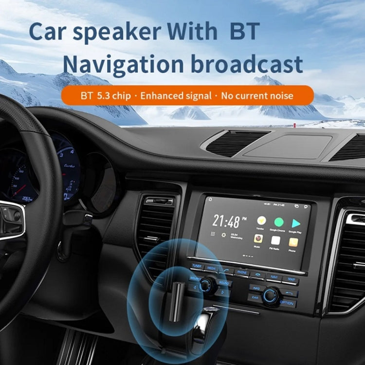 Bluetooth AUX receiver in car dashboard setup with interface and status lights, compact design.