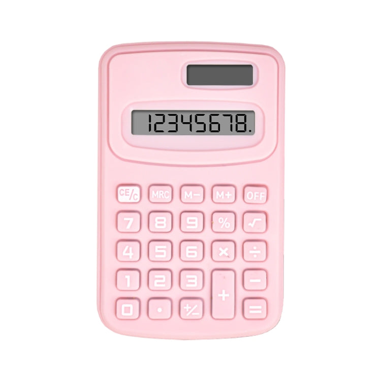 Pink small handheld calculator with LCD display and numeric keypad