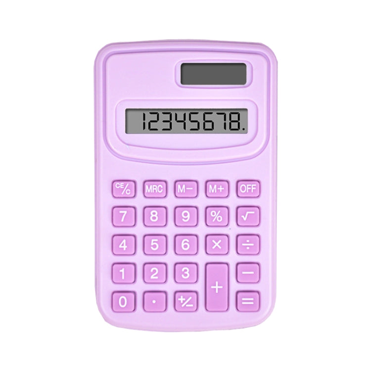 Purple small handheld calculator with LCD display and numeric keypad