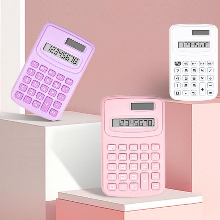 Pink and purple small handheld calculators with LCD displays and keypads
