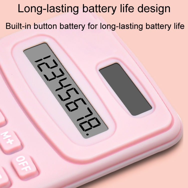 Pink calculator close-up showing LCD display window and keypad buttons