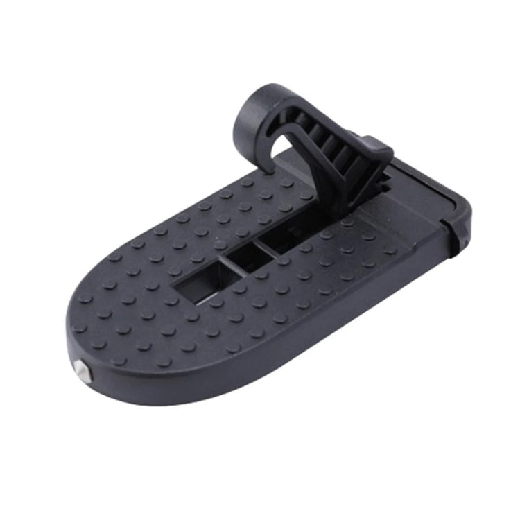 Black foldable car foot pedal with textured grip and safety hammer attachment