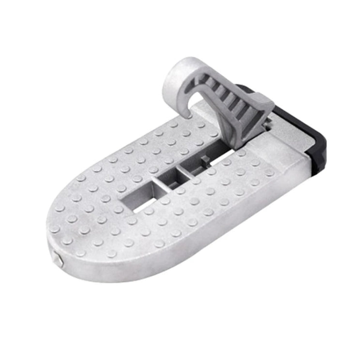 Silver foldable car foot pedal with textured grip and safety hammer attachment