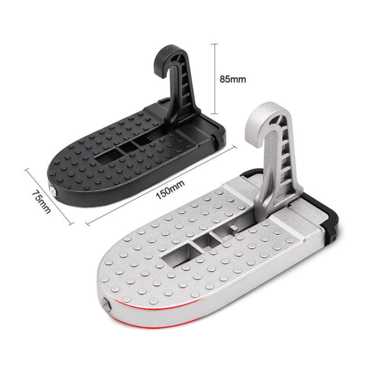 Foldable car foot pedal with safety hammer, black and silver designs shown