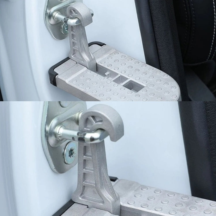 Silver foldable car foot pedal with safety hammer installed on car door