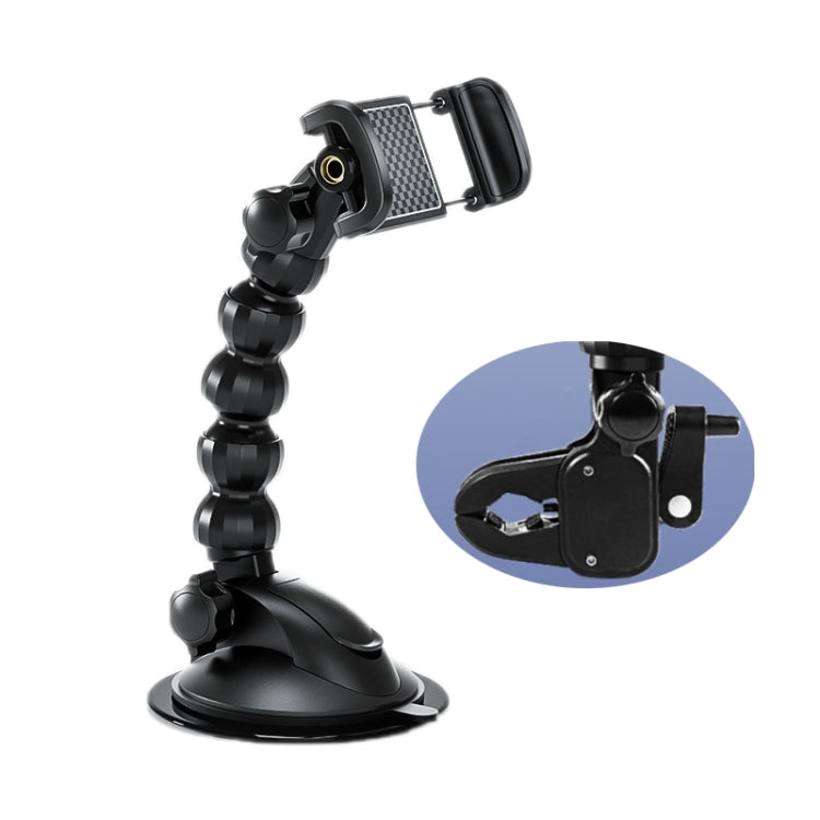 Black snake-style phone holder with suction base and flexible segmented arm