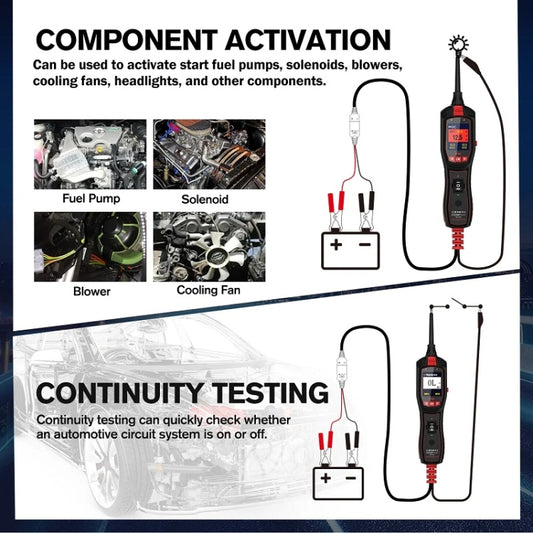 Automotive electrical tester with cable leads for component activation and continuity checks